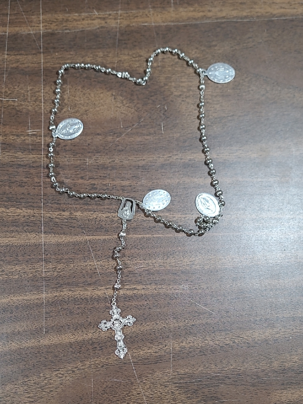 Silver-Tone Rosary Necklace with Crucifix